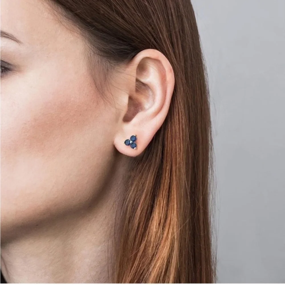 GOLD 14k Gold Plated Blue Cubic Zirconia Stud Earrings